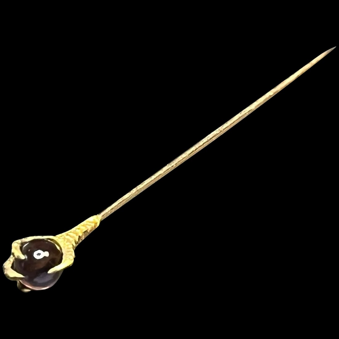 Vintage 14k Claw with Glass Ball Stickpin: Title: Vintage 14k Claw with Glass Ball Stickpin Description: Vintage 14k Claw with Glass Ball Stickpin 14k Gold Weighs 1 gram Measures 2.25 x .25 inches Date/Period: Vintage Materials: 14k Gold Size/