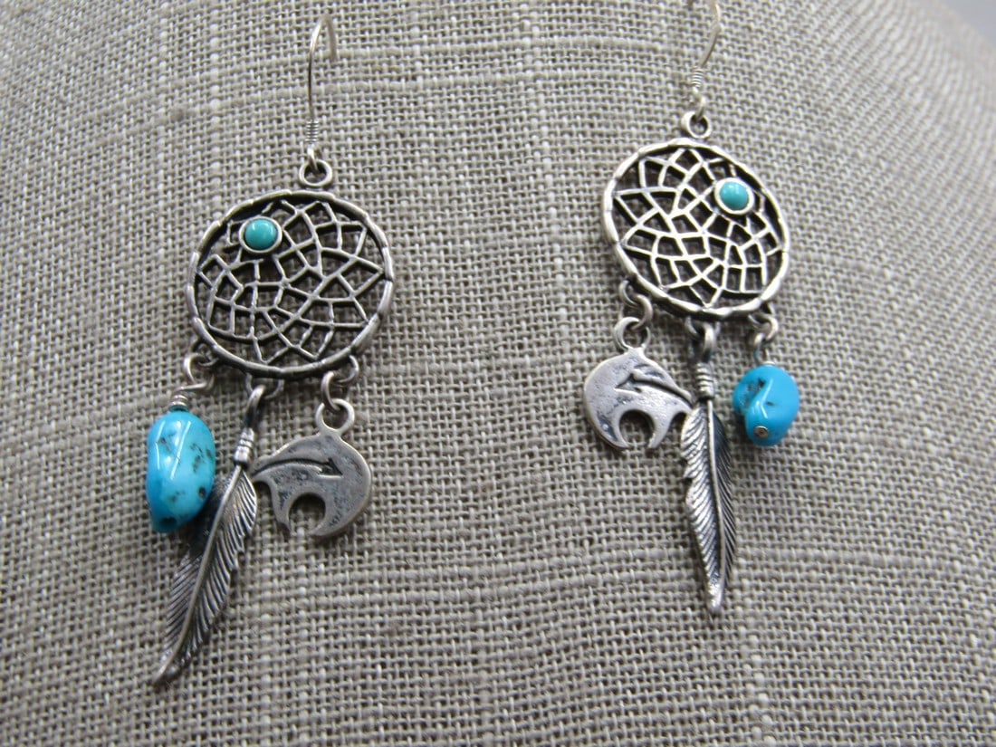 Vintage Sterling Southwestern Turquoise Dreamcatcher Earrings (1 of 5)