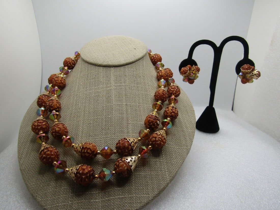 Vintage Faux Carved Filigree Capped Necklace & Earrings AB,  Double Strand, 1950's, Hong Hong, (1 of 10)