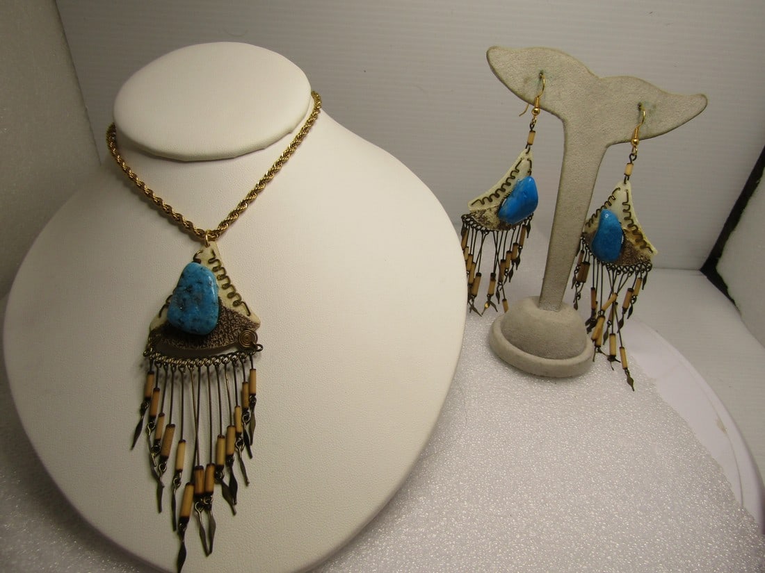 Vintage Boho Shell & Brass Necklace & Earrings, Long Dangles, Turquoise Dyed Nuggets, 1960's-1970's (1 of 9)