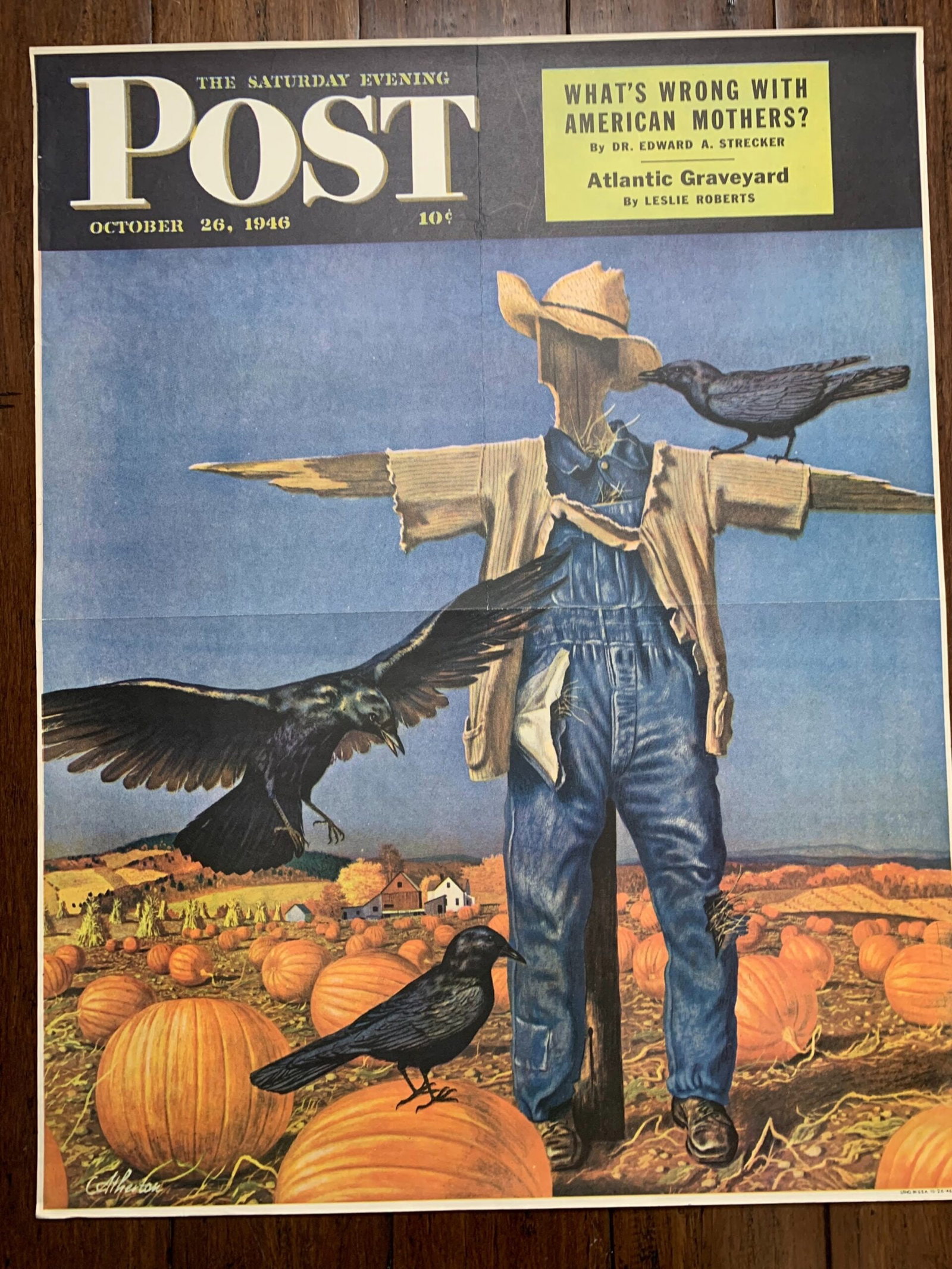 22x28 1946 Newstand Poster Saturday Evening Post - Art By John Atherton scarecrow: 22x28 1946 Newstand Poster Saturday Evening Post - Art By John Atherton scarecrow, Please refer to the attached photos to determine the condition of this original vintage item. Note: LB means Linen Ba