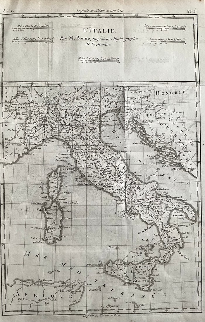 1775-1780 Map of Italy by R. Bonne & Raynal: Title: 1775-1780 Map of Italy by R. Bonne & Raynal Date/Period: 1775-1780 Materials: Copperplate engraved Size: 9 ” x 15” Fine and detailed copperplate engraved map of Italy by R. Bonne an