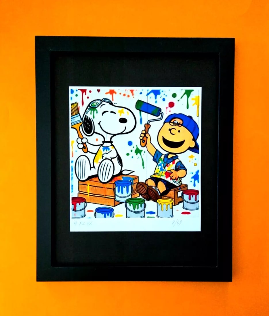 AIDAN FLUX | Hand Signed Original Print Framed LtdED of 69 COA SNOOPY PAINTING: This is a Stunning and Scarce 100% Authentic New Print by Aidan Flux AIDAN Flux represents a new wave of artists who embrace technology as a partner in creation, crafting works that resonate with the