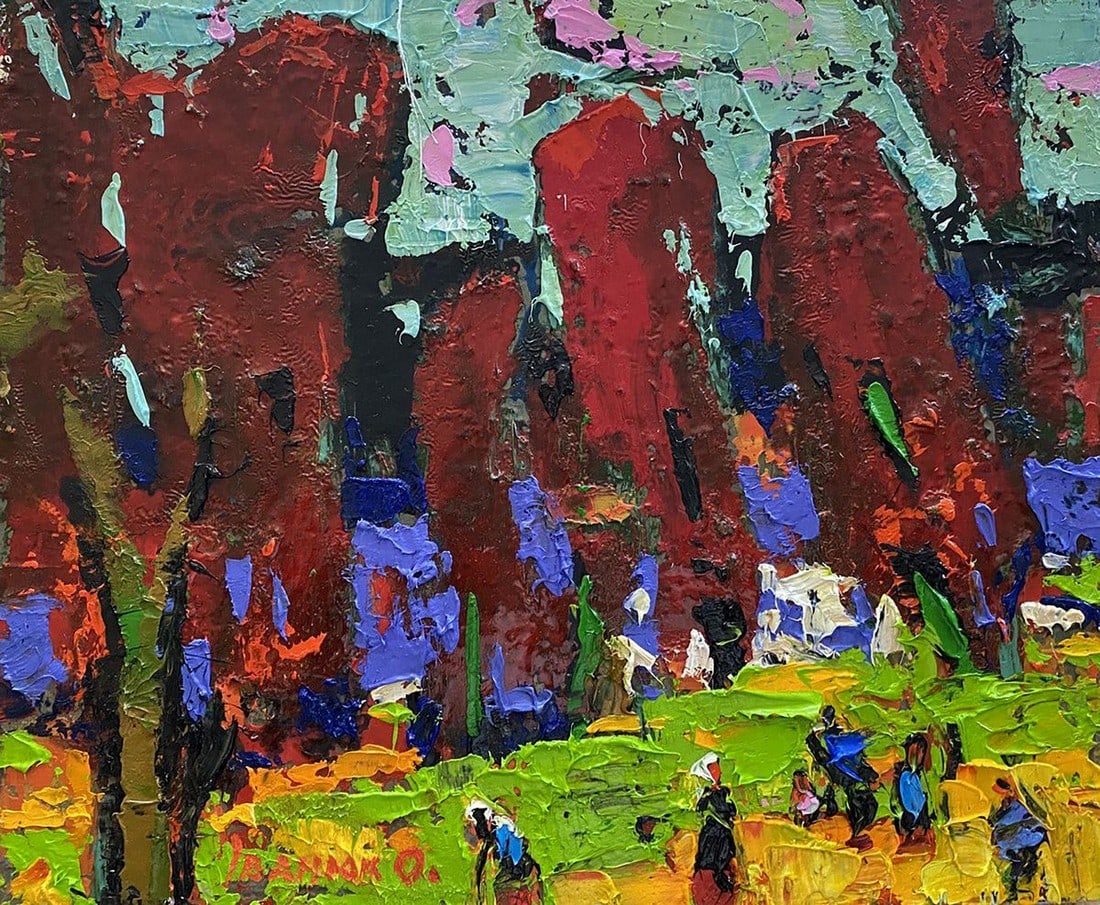 Oil painting In the shadow of sedges Alex Kalenyuk: №Kalen 1401 The painting "In the Shadow of Sedges" is a vivid and dynamic composition that captures the essence of nature through bold colors and expressive textures. The artist uses a palette k