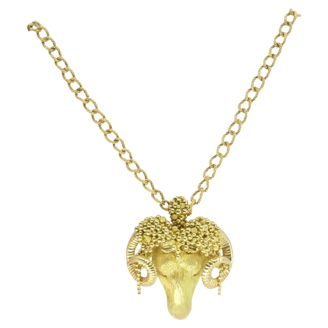 Roger Lebenstein 18k Gold Aries Pendant Necklace: About the Item Roger Lebenstein Aries Pendant necklace Pendant can be sold separately from the chain and be worn as a pin. Circa 1970s. Braided chain link contains the french essay mark The pendant is