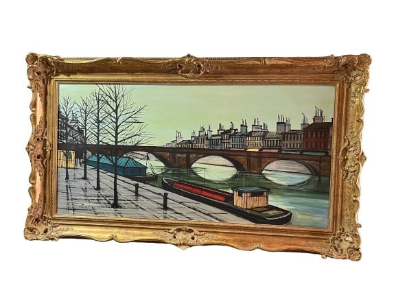 Homage to Bernard Buffet Oil Painting on Canvas, framed: Artist: Stane (American School) Country: USA Title: Homage to Bernard Buffet Medium: Original oil Painting on canvas Marks: Created & Signed by Stane Cerca 1990 Canvas Size: 24.5 x 49.5 inch Condi