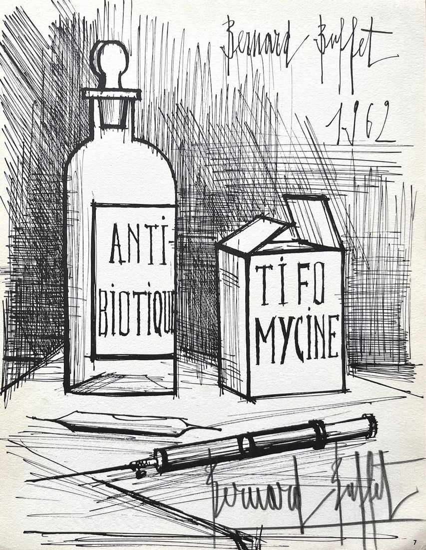 Bernard Buffet Tfomicine Signed Lithograph 1962: Artist: Bernard Buffet Title: Tifomicine Medium: Lithograph Marks: Hand-signed in pencil Printed: 1962 by La pressed Artistique, France Paper: Sirene Arjomarie 10.50 x 8.50 inch Provenance: Portfolio