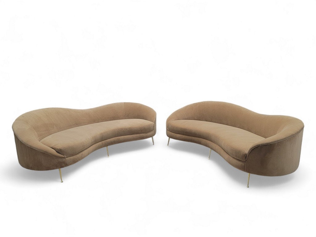 Vintage Mid Century Modern Bruno Munari Style Curved Sofa Newly Upholstered in Mohair Velvet - Pair: Vintage Mid Century Modern Bruno Munari Style Curved Italian Sofa on Brushed Brass Legs Newly Upholstered in Italian Plush Camel Mohair Velvet - Pair This exquisite vintage mid century modern Bruno Mu