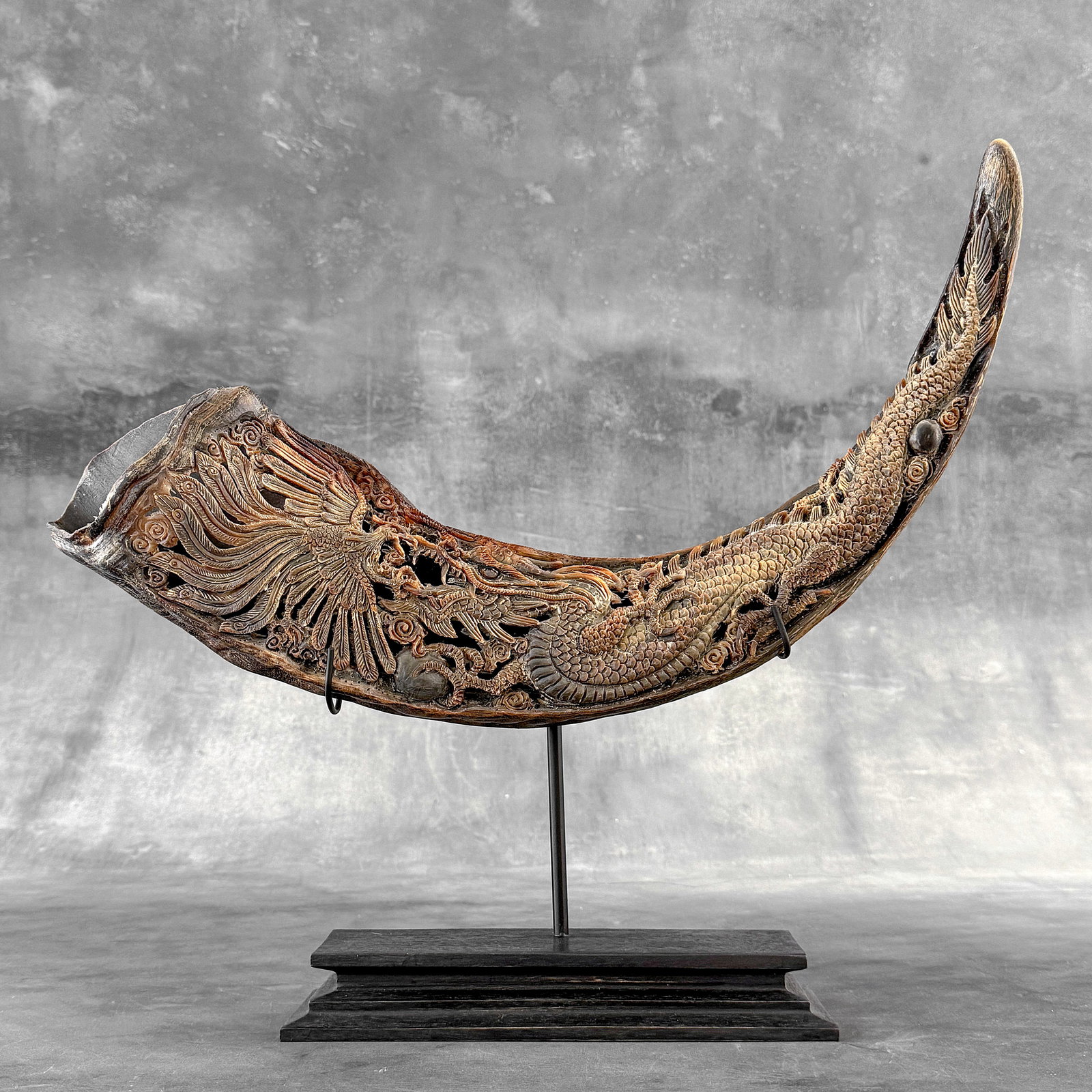 Finely Engraved large horn of a water buffalo - Dragon phoenix motif (1 of 10)