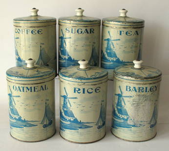 Set of six antique tin Spice canisters made in New York.: Title: Set of six antique tin Spice canisters made in New York. Date/Period: 1916 Dimension: 7” x 4 1/2” diameter. Additional Information: Set of 6 antique tin spice canisters with lid mad