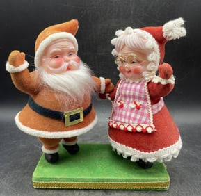 Christmas Santa & Mrs Claus Felt Flocked Dancing Figures Decor Vintage Japan