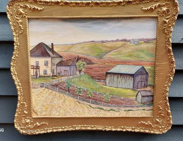20th century oil painting farmhouse. great colors signed