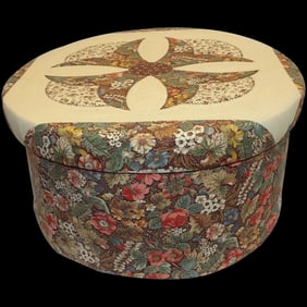 Folk Art Wood Round Storage Box Fabric Cover Inside and Out