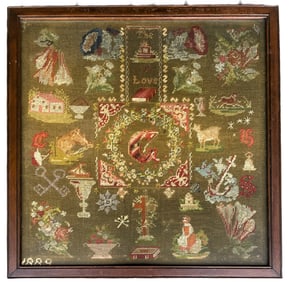 Antique 1889 Needlepoint Sampler Framed Large Georgous !