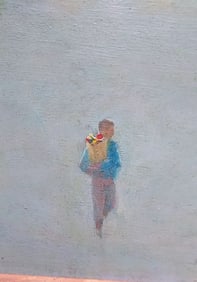 Beautiful Oil painting Man carrying flowers L. Beaman 1933 listed artist "first