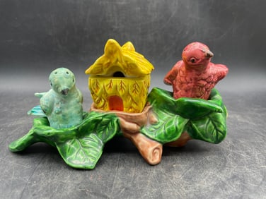 Vtg 1940s Japan Ceramic Bird Birdhouse Salt & Pepper Shakers & Condiment Tray