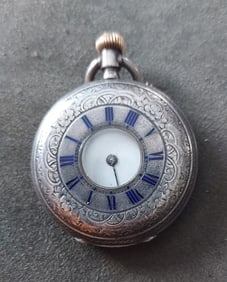 antique pocket watch ornate small size sterling silver blue numbers parts