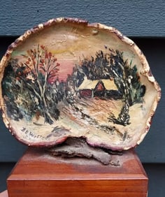 DE WoltersTrees forest cabin oil painting on fungi mushroom art 1954