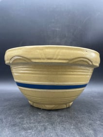 Antique Stoneware Yellowware Blue & White Bands Mixing Bowl Banded Yellow Ware