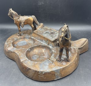 Vintage Cast Western, Equestrian Theme Two Horse Double Pipe Rest & Ashtray w Cast Covered Box