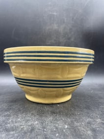 Antique Stoneware Yellowware 6 Blue Bands Mixing Bowl Banded Yellow Ware