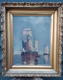Antique oil painting ship in harbor 1890 gorgeous frame M.R. Allison