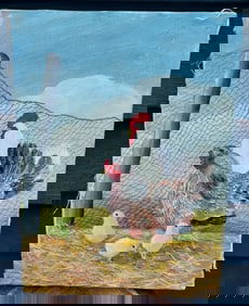 Chicken Rooster oil painting With Fence Farm Scene 25 years old.