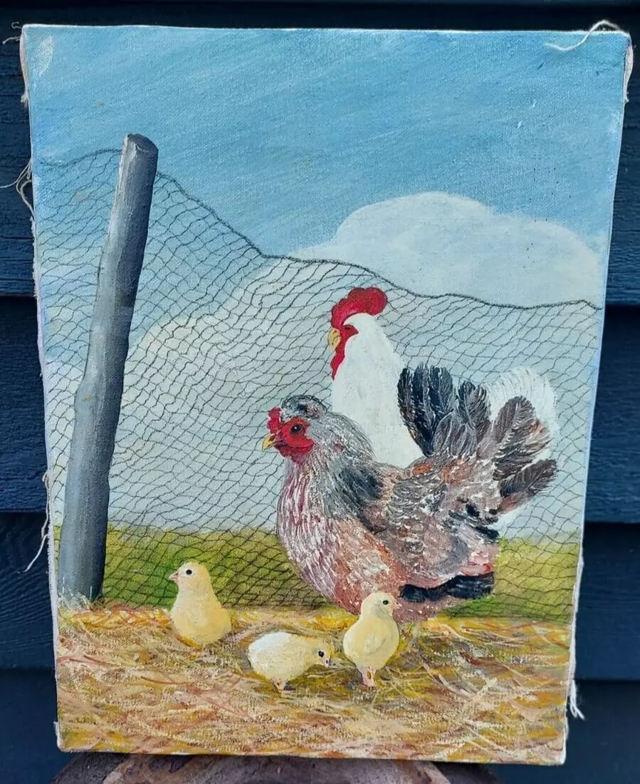 Chicken Rooster oil painting With Fence Farm Scene 25 years old. (1 of 3)