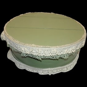 Folk Art Wood Round Cheese Storage Box with Lace and Fabric Interior
