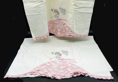Vintage Pillowcases Handmade Embroidered Victorian GIRL in Pink Dress, Flowers Crochet Trim