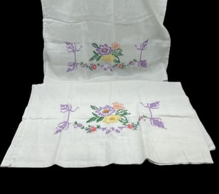 Vintage Pillowcases Handmade Embroidered Flowers Purple Accents
