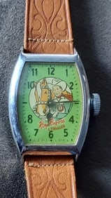 1950 roy Roger's trigger wristwatch leather band excellent not working over woun