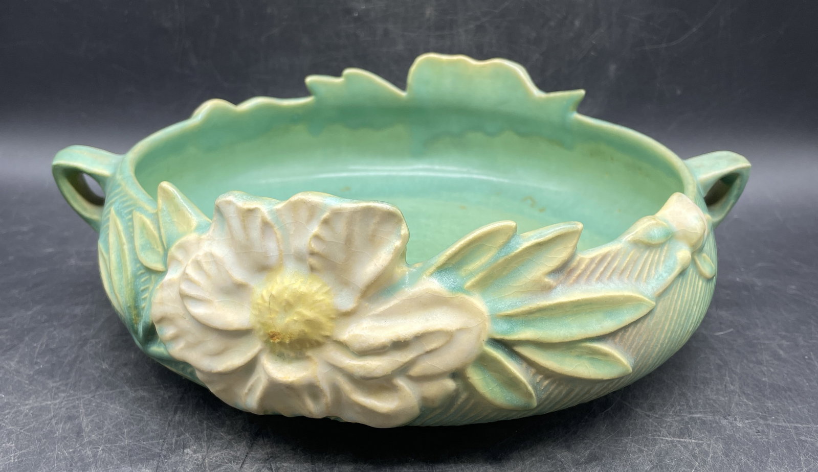 Roseville Pottery Bowl Peony Pattern #429: Title: Roseville Pottery Bowl Peony Pattern #429 Date/Period: approx 1930-40's Dimension: Approx 11" handle to handle Material: pottery Additional Information: Roseville Pottery Bowl Peony Pattern #42