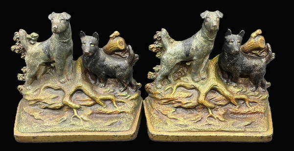ANTIQUE CAST IRON BOOKENDS BUDDIES TERRIER HUNTING DOG HUBLEY SIGNED G. S. ALLEN: Title: ANTIQUE CAST IRON BOOKENDS BUDDIES TERRIER HUNTING DOG HUBLEY SIGNED G. S. ALLEN Date/Period: approx 1910 Dimension: Approx. 5 x 5.5 x 2 Material: cast iron Additional Information: Antique earl