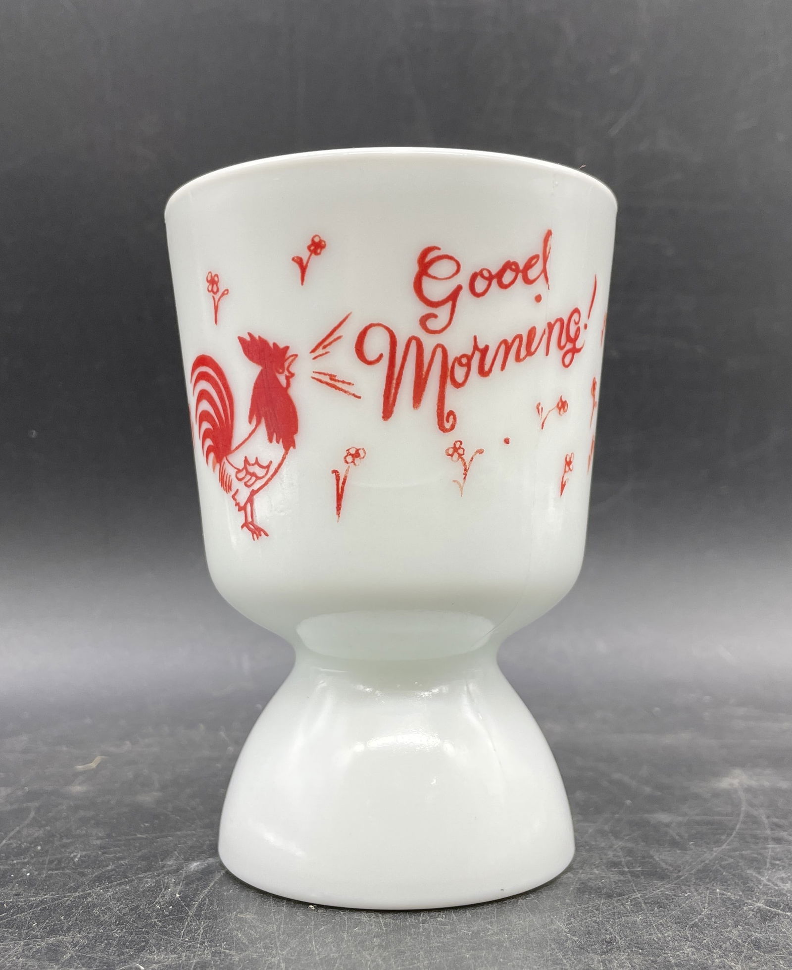 Vintage Rooster Good Morning Egg Cup: Title: Vintage Rooster Good Morning Egg Cup Date/Period: UNKNOWN Dimension: approx 4.25 x 3 Material: milkglass Additional Information: Vintage Milk Glass Red Graphics Rooster Good Morning Double Egg