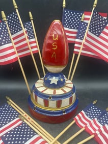 Folk Art Handmade Flag Holder and Flags Patriotic Artist Signed