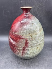 Beautiful Teal Rust Ar tPottery Bulbous Vase Signed
