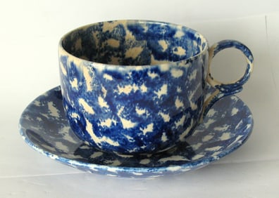 Antique blue & white sponge ware cup & saucer