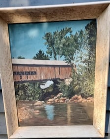 Covered bridge oil painting Virginia Draper 1940 New England