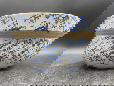 Antique Blue & White Spongeware Stoneware Salt Glazed Mixing Bowl Crock