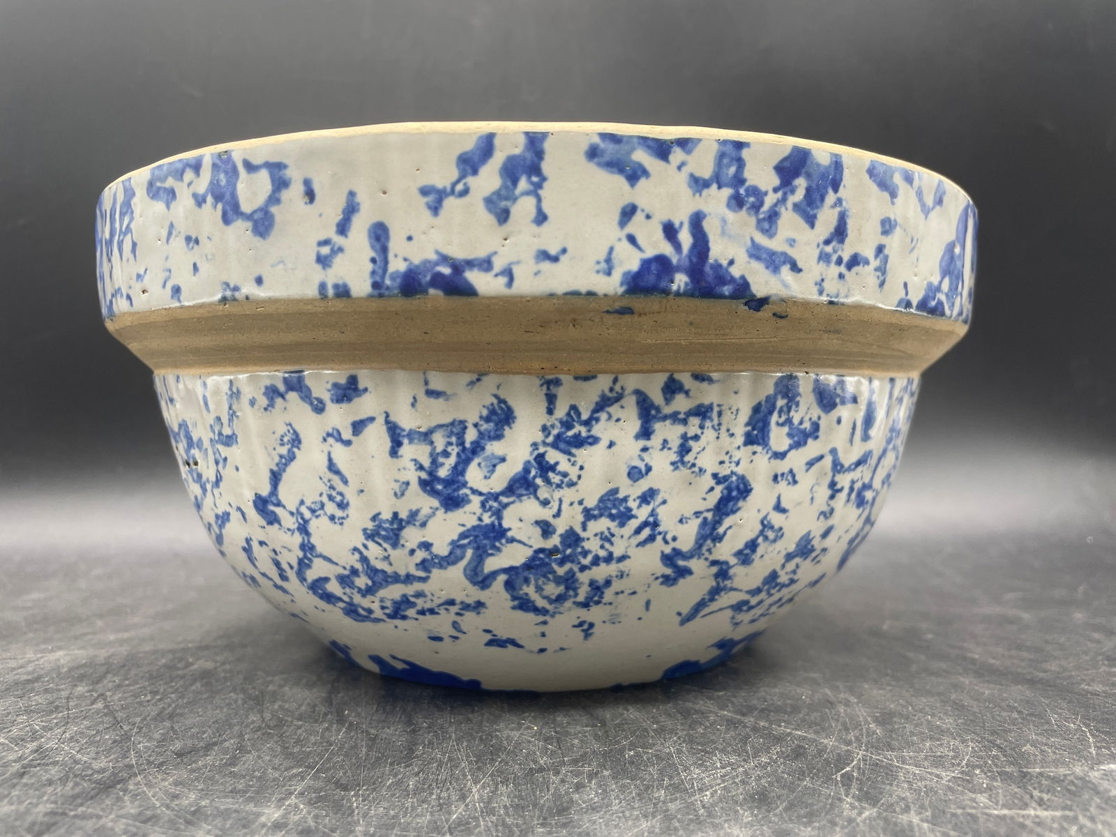 Antique Blue & White Spongeware Stoneware Salt Glazed Mixing Bowl Crock (1 of 8)