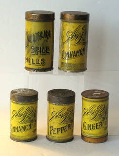 Group of 5 antique A & P spice canisters.: Title: Group of 5 antique A & P spice canisters. Date/Period: 1920's Dimension: 4” & 3 1/4” Additional Information: Nice group of 5 antique A & P Spice Mill tin canisters in great original