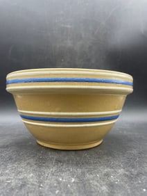 Antique Stoneware Yellowware Blue White Bands Mixing Bowl Banded Yellow Ware