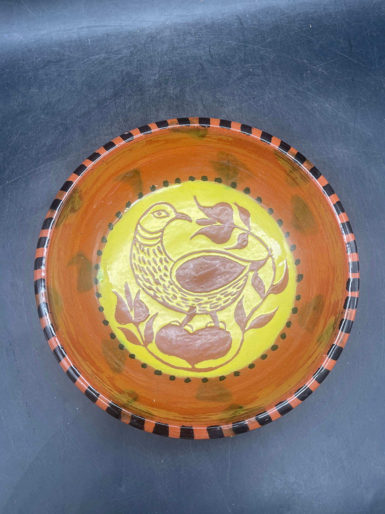 James Seagreaves JCS Glazed Redware Pottery PA Dutch Bowl: Title: James Seagreaves JCS Glazed Redware Pottery PA Dutch Bowl Date/Period: 1992 Dimension: Approx. 7" diameter 2" deep Material: redware Additional Information: James Seagreaves JCS Glazed Redware