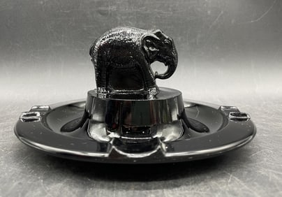 LE SMITH EBONY BLACK / Red GLASS ELEPHANT ASHTRAY VINTAGE TRINKET DISH