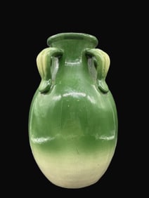 Antique Majolica 4 HANDLED POTTERY JUG VASE Green & Cream LARGE HEAVY