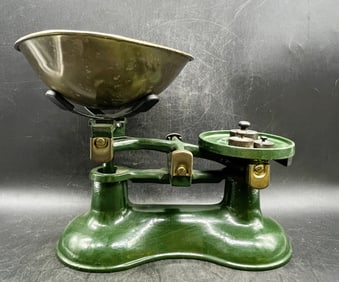 Old Victor England Kitchen Scale With Brass Baskey & Weights