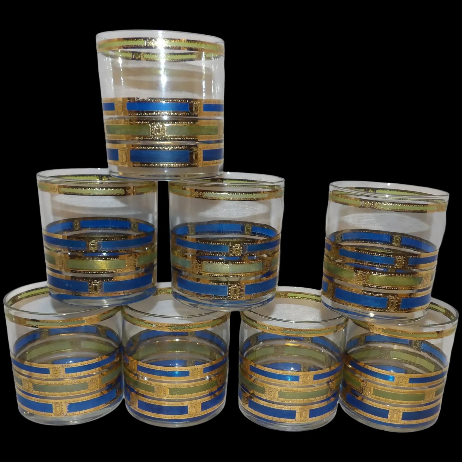 Culver MCM Empress Old Fashion Glasses: These vintage MCM Culver Blue Empress old fashioned glasses feature a great design that has an array of perfectly complimentary colors including regal blues, greens and golds on a clear glass backgrou