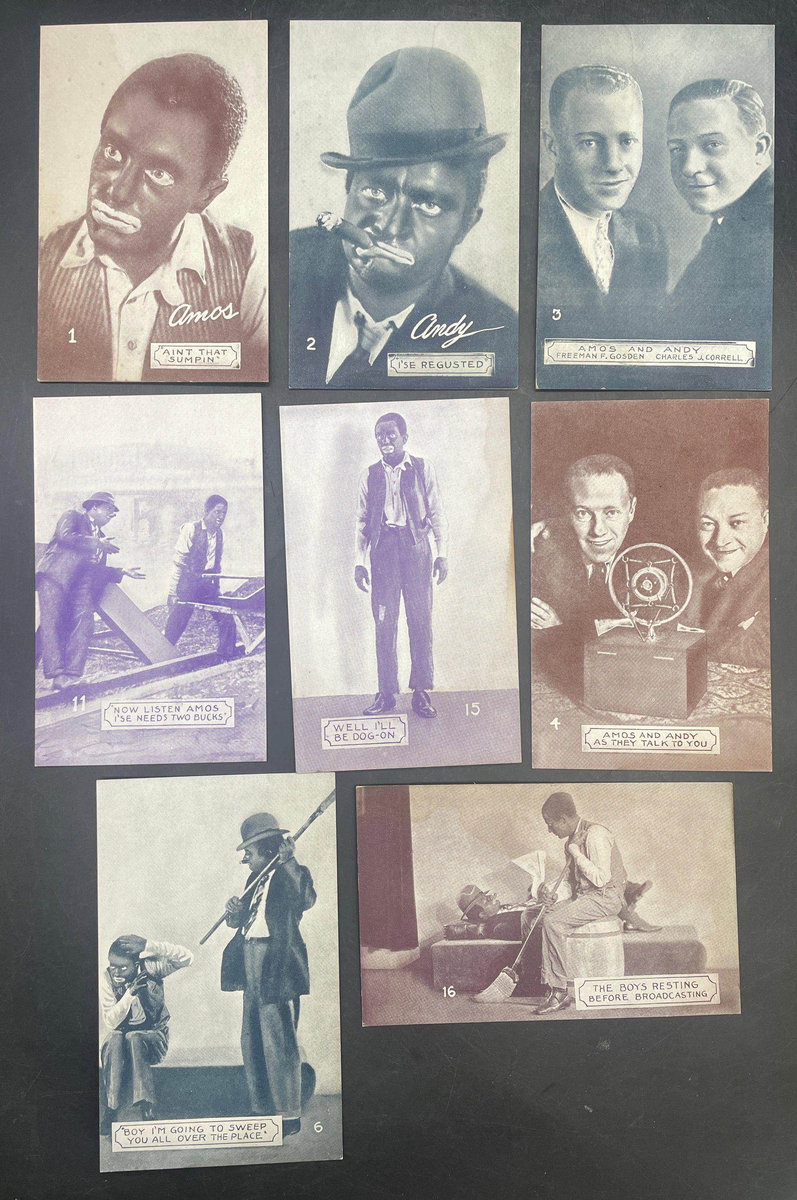 Set of Amos and Andy Post Cards - ca.1930's: Title: Set of Amos and Andy Post Cards - ca.1930's Date/Period: Approx 1930's Dimension: Approx. 5.5 x 3.25" ea Material: paper stock Additional Information: Set of Amos and Andy Post Cards - ca.1930'