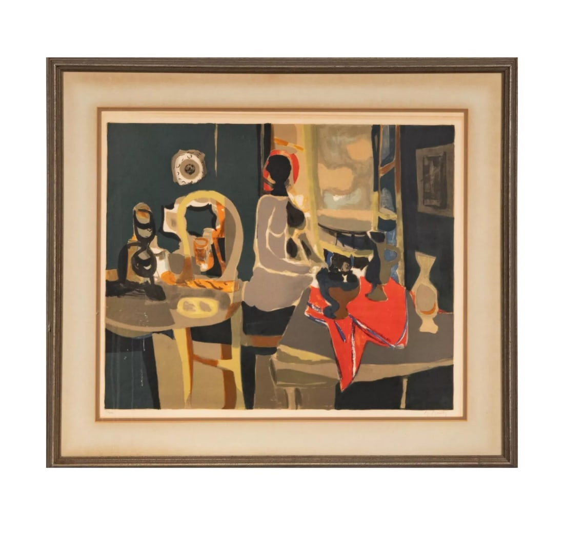 MARCEL MOULY S/N Color Lithograph Untitled Interior Scene 17/200: MARCEL MOULY (1918-2008). Color Lithograph. Untitled Interior Scene, 19-1/2" x 23-3/4" sight size (framed size: 28-1/2" x 32-1/2") numbered lower left: 17/200 and signed lower right. Condition: Viewed